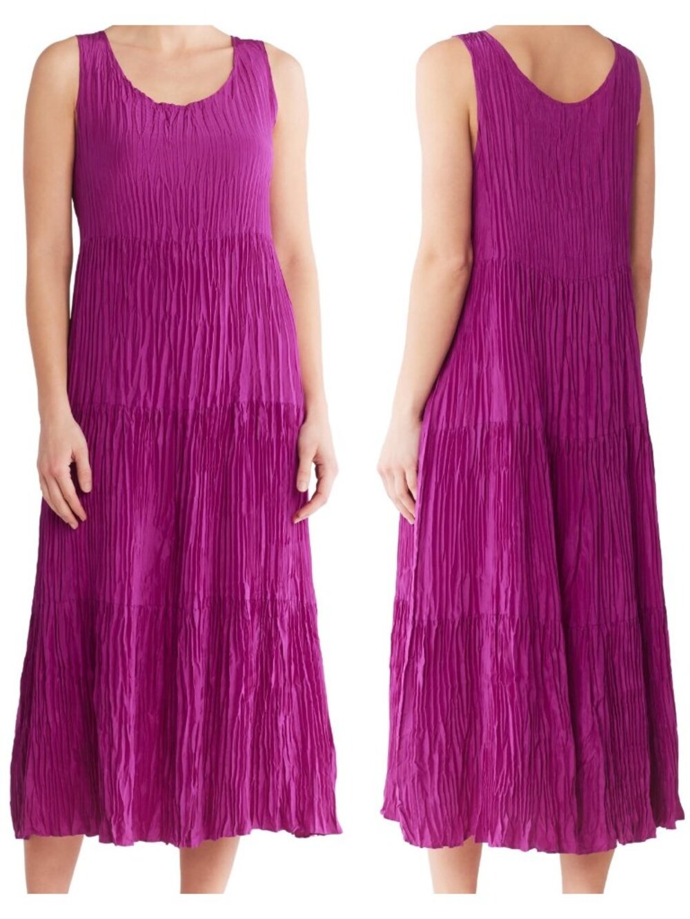 Eileen Fisher Women's Sleeveless Crushed Silk Tiered Midi Dress Cerise Size L